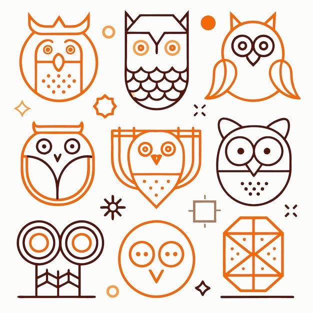 Vector set of nine cute outline owls in orange and brown