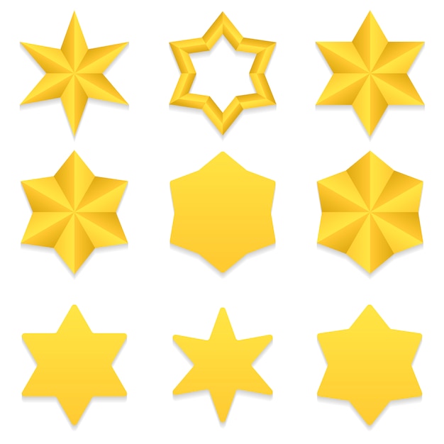 Set of nine different golden six point stars. 