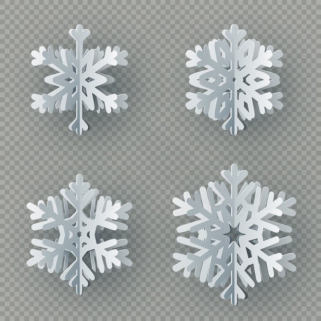 Set of nine different paper snowflake cut from paper isolated on transparent background. Merry Christmas, New Year winter theme decoration object. 