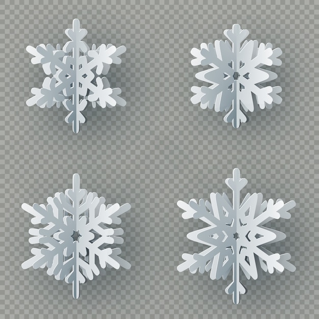 Set of nine different paper snowflake cut from paper isolated on transparent background. Merry Christmas, New Year winter theme decoration object. 