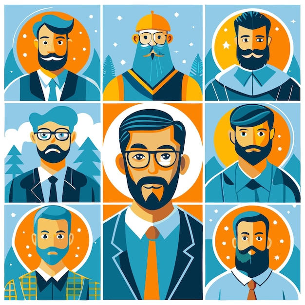 Vector set of nine diverse men with beards mustaches and glasses illustrated in a flat style