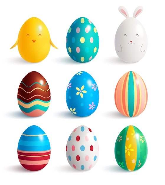 Set of nine easter eggs realistic  with decorative lines and various colour patterns with shadows  illustration