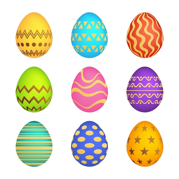 Set of Nine Easter eggs with different colorful texture on a white background Vector illustration