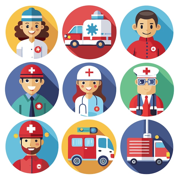 Set of nine flat icons depicting emergency service personnel and vehicles