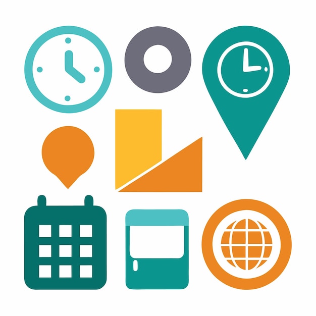 Set of nine flat icons for time location calendar and the world