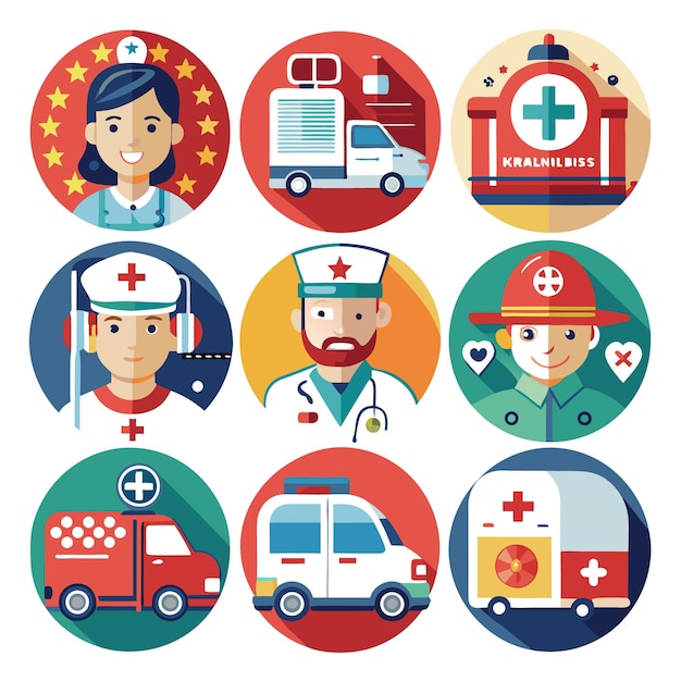 Set of nine flat icons with ambulance doctor nurse fireman and a hospital