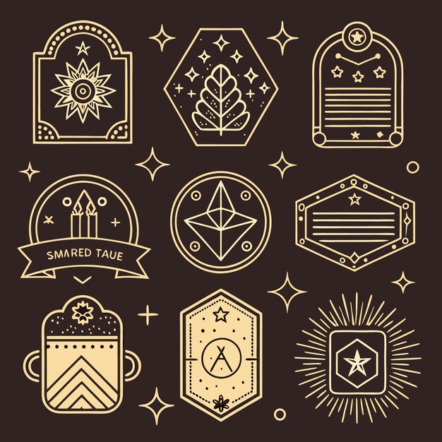 Vector set of nine hand drawn geometric badges with stars