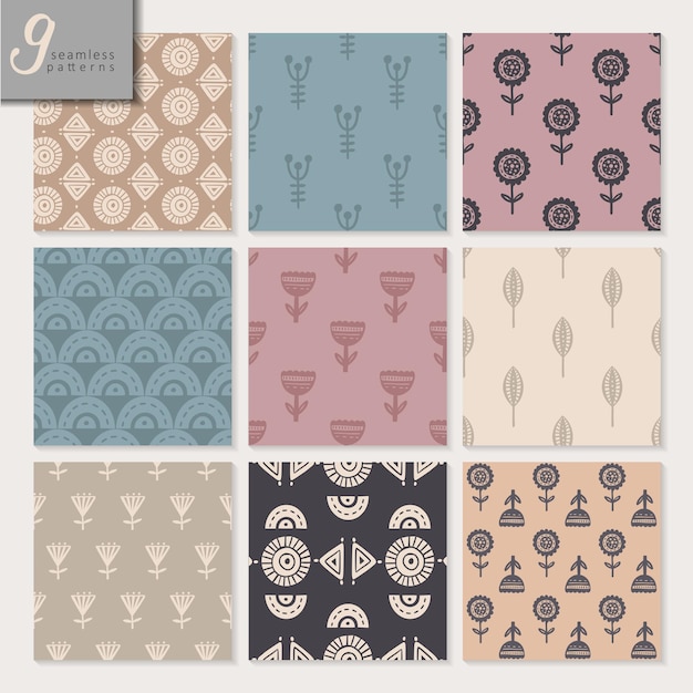 Set of nine hand drawn seamless abstract patterns in amasing color palette