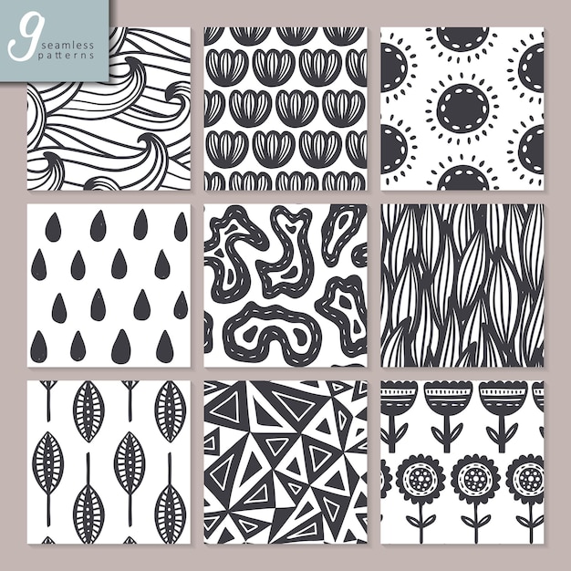 Set of nine hand drawn seamless abstract patterns in black and white colors