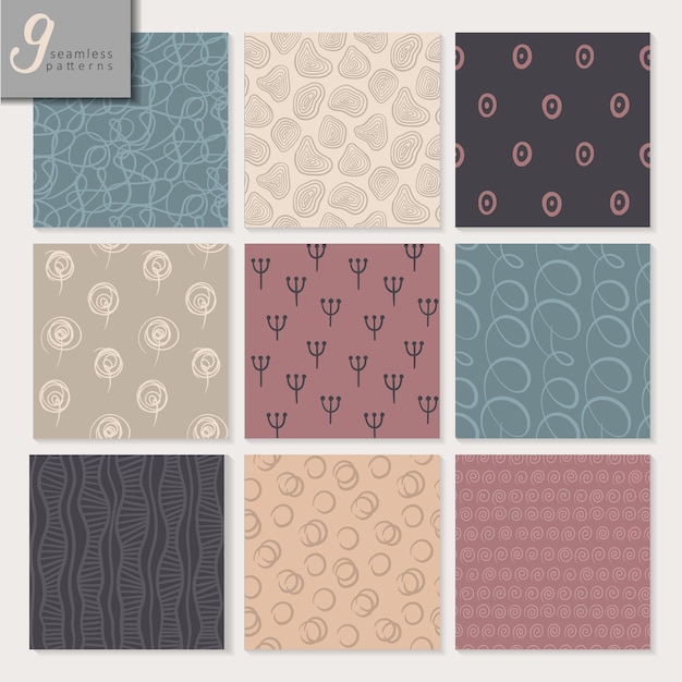 Set of nine hand drawn seamless abstract patterns