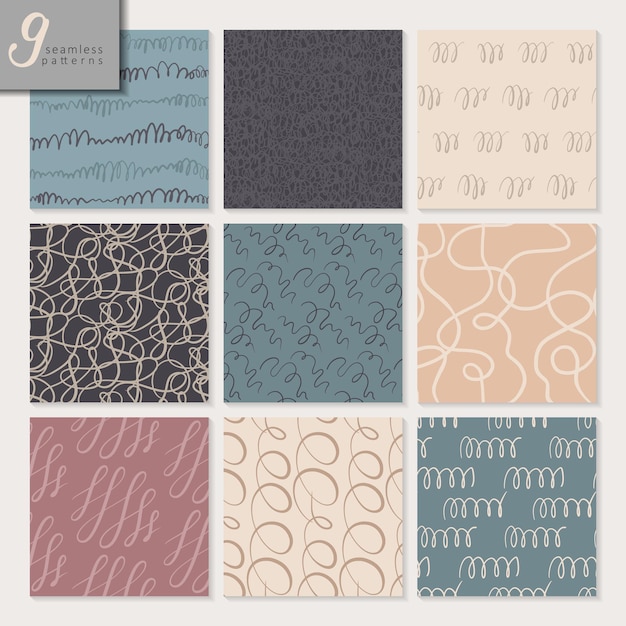 Set of nine hand drawn seamless abstract patterns