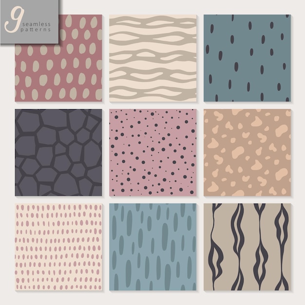 Set of nine hand drawn seamless abstract patterns