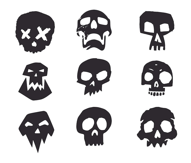 Set of nine hand drawn skulls