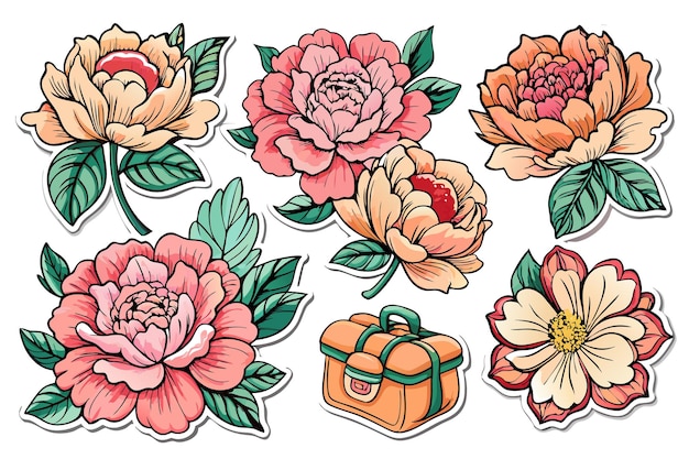 Vector a set of nine handdrawn floral stickers with a vintage suitcase