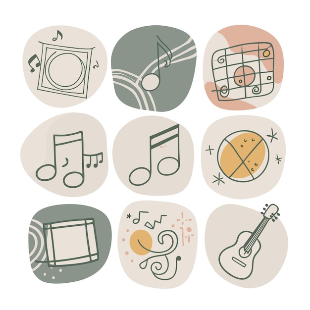 Vector a set of nine handdrawn music icons in a minimalist style featuring a speaker music notes a record player a guitar and more