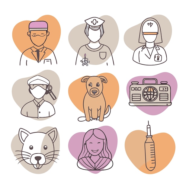 Vector a set of nine icons representing various professions in the veterinary field