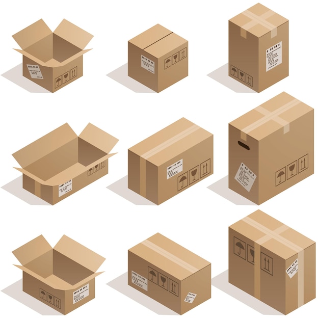 Set of nine isometric cardboard boxes isolated on white