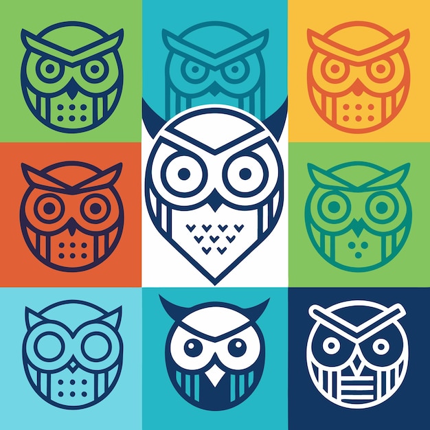 Vector set of nine owl icons with different patterns and colors