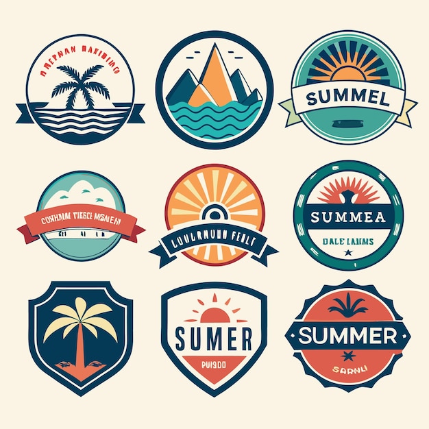 Set of nine summer themed badges with sun palm trees mountain beach and wave designs