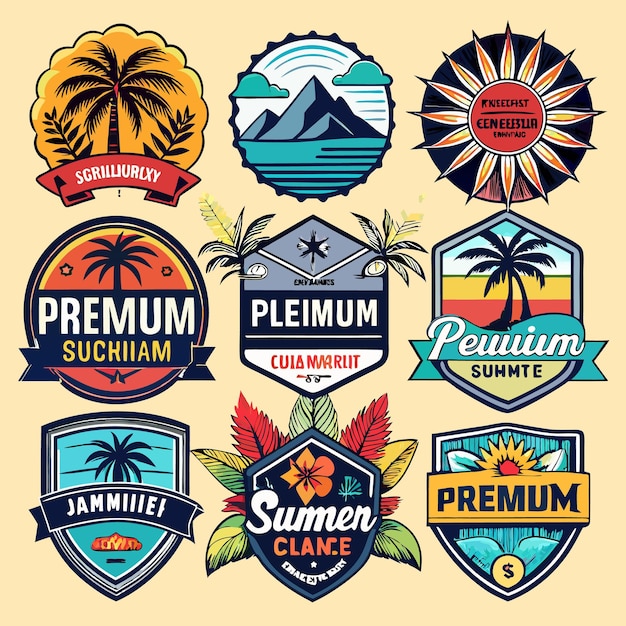 Set of nine tropical summer logo badges with palm trees flowers and sunset sky