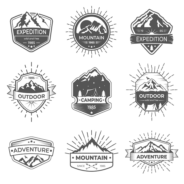 Set of nine vector mountain and outdoor adventures logo. 