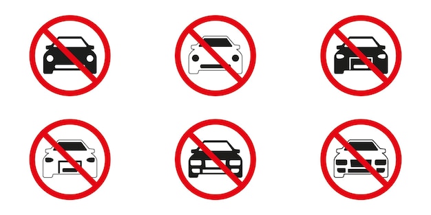 Set of no car signs. Car prohibition sign isolated collection. Red prohibited sign. Vector illustrat