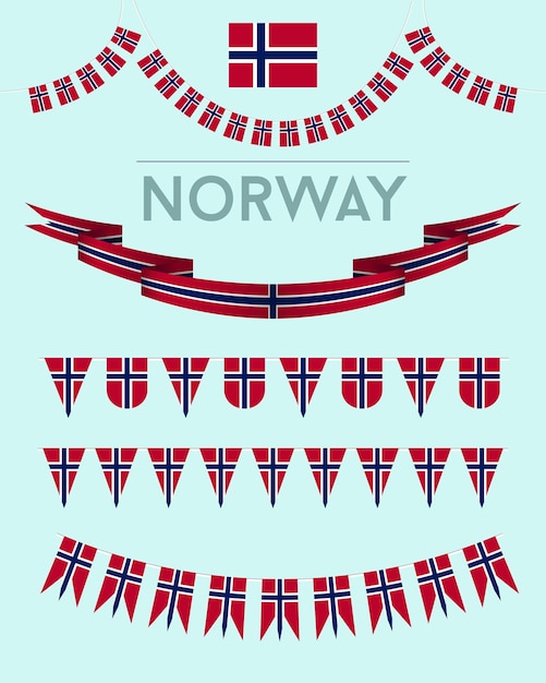 Set of Norwegian flag garlands and banners