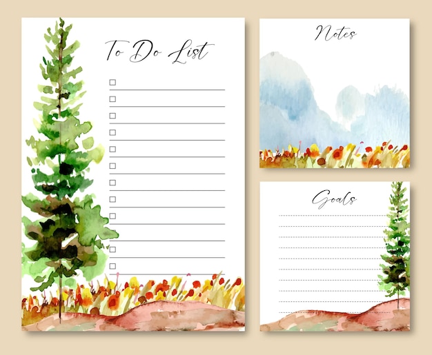 Set of Notes and To Do List Template with Watercolor  Trees and Floral Field