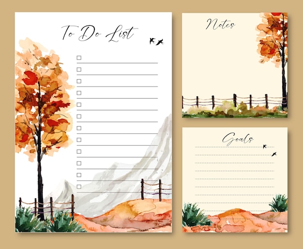 Set of Notes and To Do List Template with Watercolor Trees and Mountain View