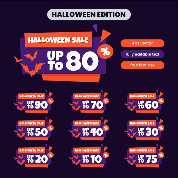 Set of number halloween sale 10-90 percent off template eps vector