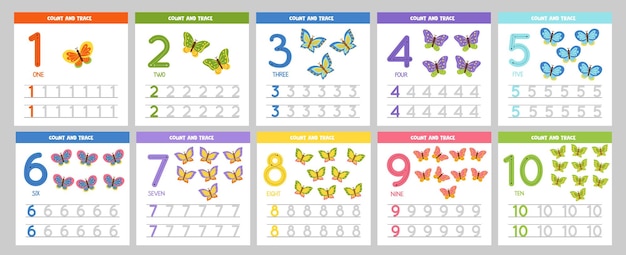 Set of number tracing flashcards with cute butterflies Learning numbers for kids