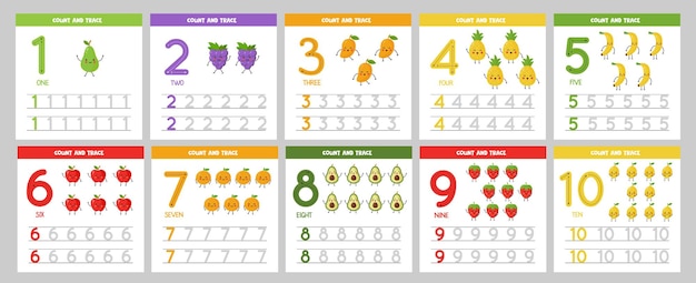 Set of number tracing flashcards with cute kawaii fruits Learning numbers