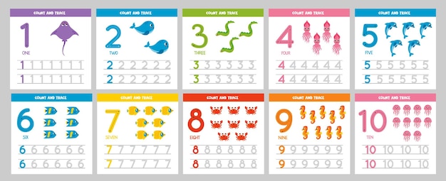 Set of number tracing flashcards with cute sea animals Learning numbers for kids