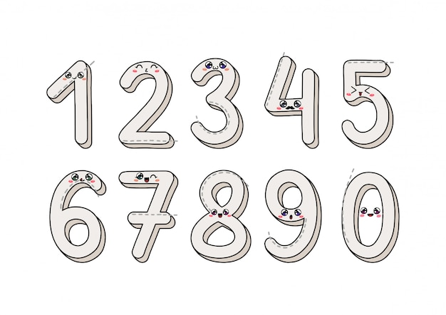 Set of numbers 1-9 in Japan Kawaii style. Funny