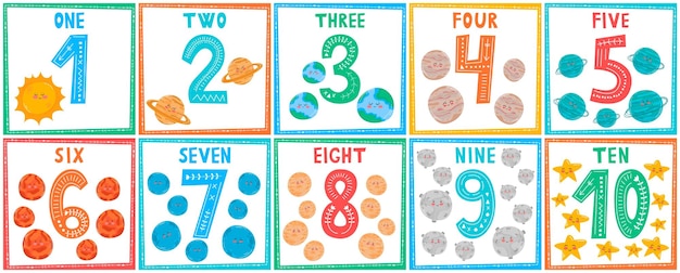 Set of numbers with space and planets of the solar system Decorative element for design of children's posters stickers and more