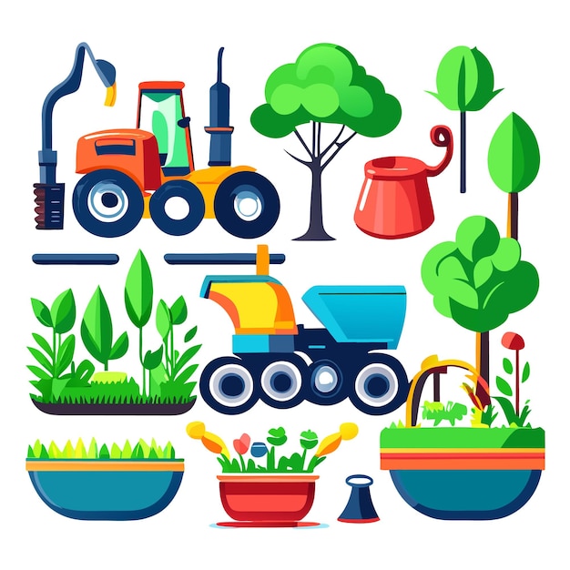 Set of object element with garden or farm equipment in cartoon style isolated on white background