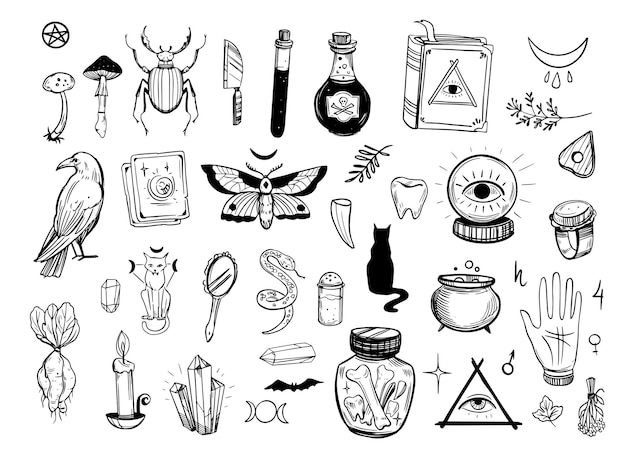 Set of objects for black magic. Hand drawn illustration Isolated on white