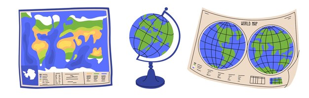 A set of objects for a geography lesson Study of the environment and countries using maps and atlases Attributes for a schoolchild Vector illustration isolated on transparent background