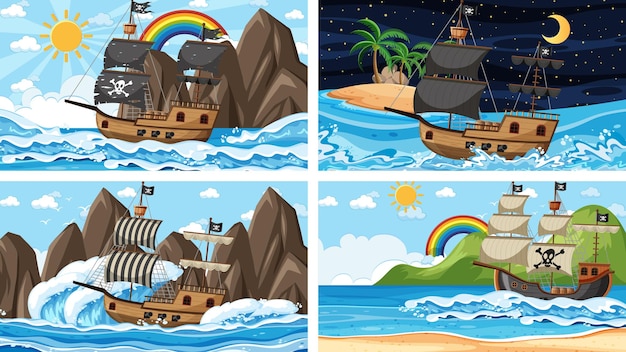 Set of ocean scenes at different times with Pirate ship in cartoon style