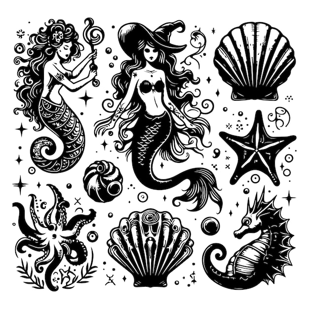 set of Ocean Witchy Magic illustrations Sea and ocean witch symbols Seashell mermaid seahorse