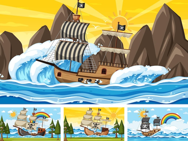 Set of Ocean with Pirate ship at different times scenes  in cartoon style