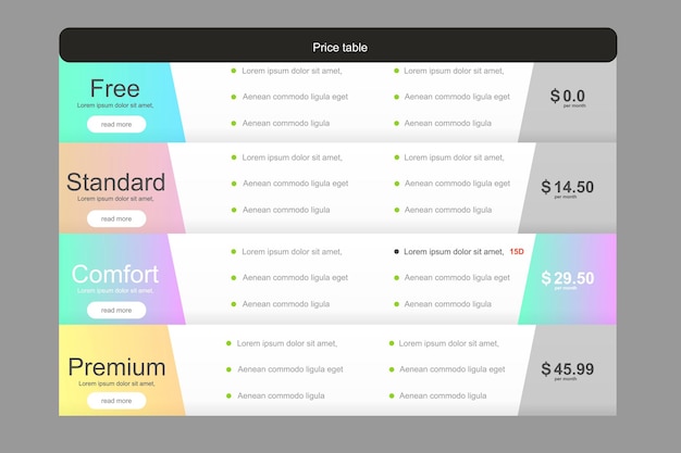 Set of offer tariffs ui ux vector banner for web app set of pricing table order box button