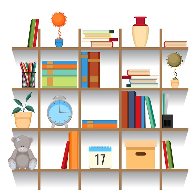 Set of office accessories on shelf vector illustration. Stacked books, folders, decorative plants in pots, clock and toys, textbooks and documents