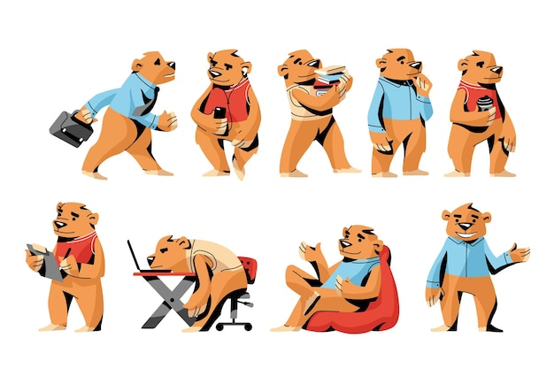 Set of office brown bear, funny character in different daily situations