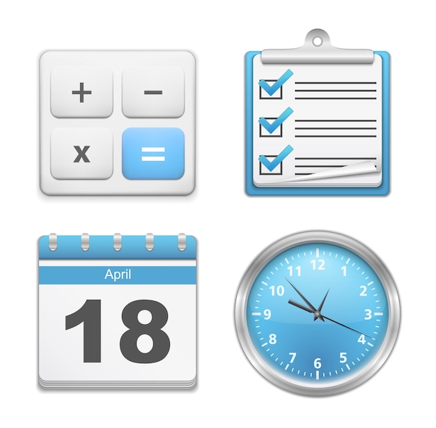 Set of office icons calculator clipboard with checklist calendar and clock vector eps10 illustration