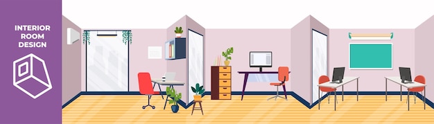 Set of office room with furniture Chair desk computer white board and window Interior room concept Colored flat graphic vector illustration isolated