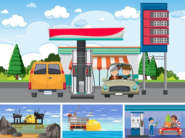 Set of oil petrol and gas relevant scene