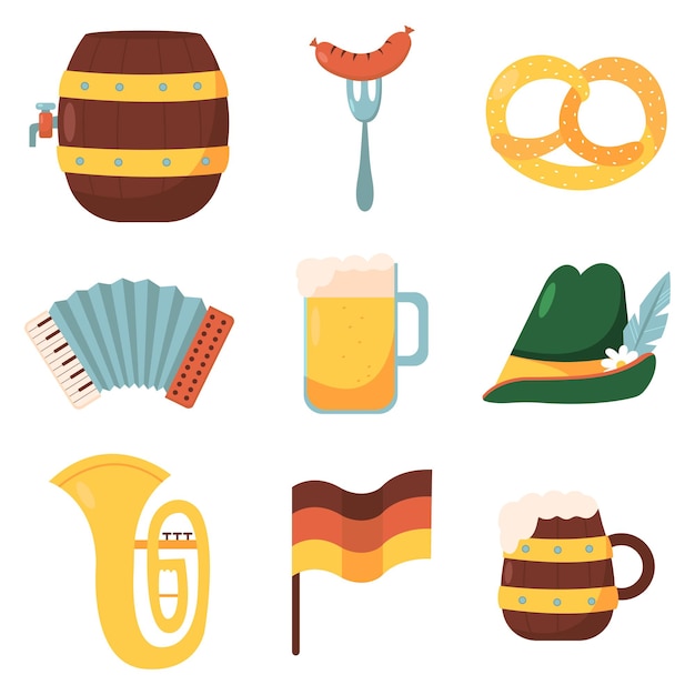 Set of Oktoberfest icons: german beer, pretzel, sausage. Collection for folk festival in Germany.