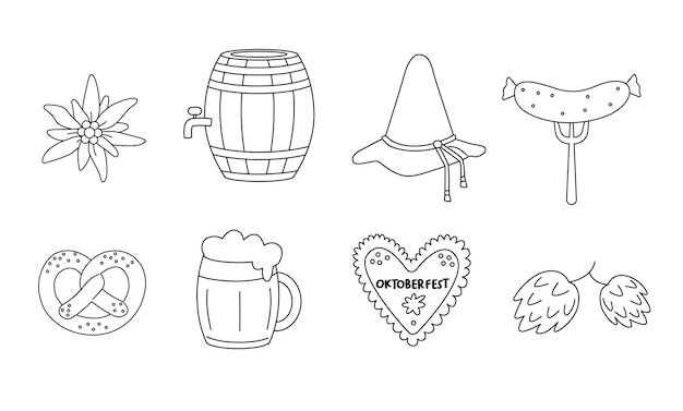 Set of Oktoberfest outline elements. Beer mugs, sausages, pretzels, barrel. and hop