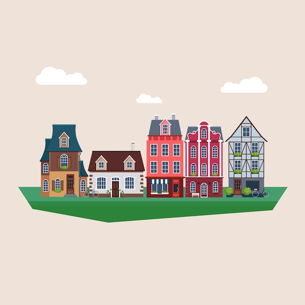 Set of old mideval houses. Vector Illustration